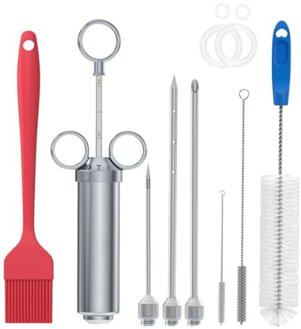 Euakee Siringa per Marinata, Kit in Acciaio Inossidabile con 3 Aghi per Carne, Siringa per Cucinare Pollo, Bistecca, Manzo, Ideale per BBQ, Affumicatore, Griglia