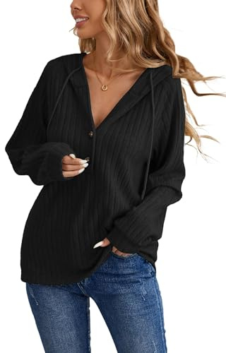 iChunhua Casual Basic V Neck Hoodies Womens Button Up Long Sleeve Tops With Hood Autumn Winter Warm Ladies Hooded Sweatshirt Black L