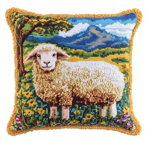 WallustrioaW Paesaggio rurale Cuscino con Gancio di Chiusura,Pecora animale,Kit per Cuscini Kit per Fabbricare Cuscino a Punto Croce per Adulti Principianti,Accessorio per la Casa,43x43cm