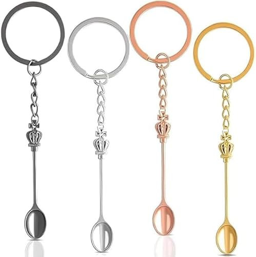 Lot de 4 cuillères à médicaments, petite cuillère à café, mini cuillère, porte-clés, mini couronne, cuillère, porte-clés, gadget pour hommes et femmes, sac à dos, pendentif fête favoris, anneau à