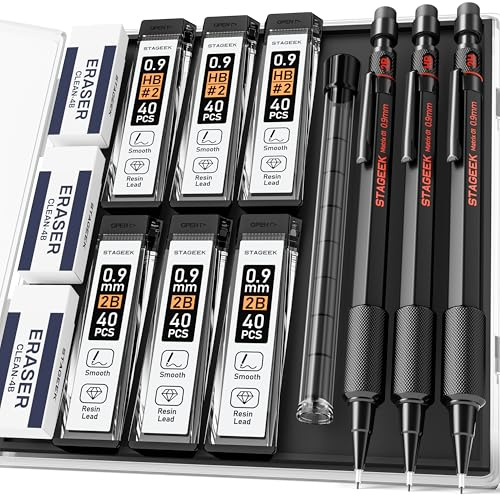 STAGEEK 0.9mm Mechanical Pencil Set, 3PCS Metal Mechanical Pencils 0.9mm with 6 Tubes HB & 2B Lead Refills,Erasers, Weatherproof Artist Pencils with Case for Outdoor Writing Drafting Drawing