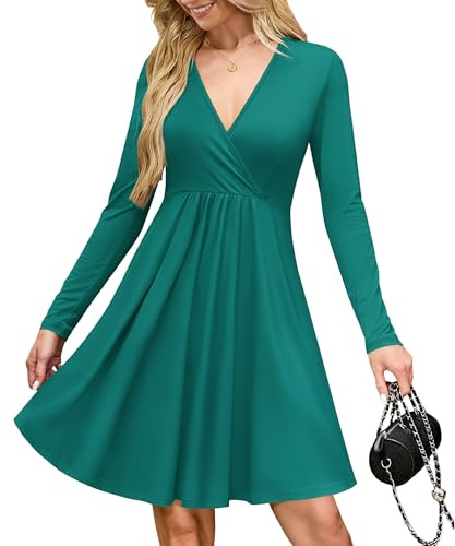 AUSELILY Wrap Dress for Women UK V Neck Flowy Long Sleeve Elegant Casual Dresses Autumn Winter with Pockets Green 2XL