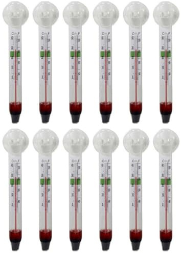 Lot de 12 thermomètres en verre avec ventouse, thermomètres d'aquarium, analogiques, longs thermomètres d'aquarium, sans fil, ménage sans fil pour aquariums tropicaux d'eau douce et d'eau salée de mer