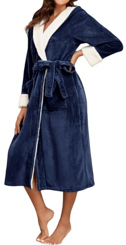 Maeau - Peignoir Longue Femme Flanelle Contraste Couleurs avec Capuche Automne Hiver Vêtement Maison Doux S Bleu marine