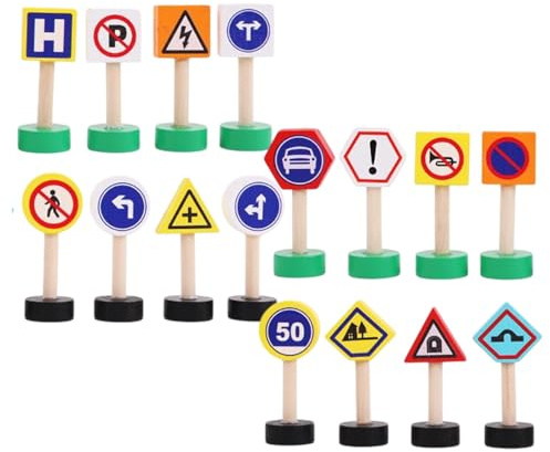 Trafikskyltar för barn, set om 16 – vägsäkerhetsleksak av trä, pedagogiska byggstenar | stadssimulering, trafikljus- -ränder-spel, tidig inlärning, rollspel, byggande