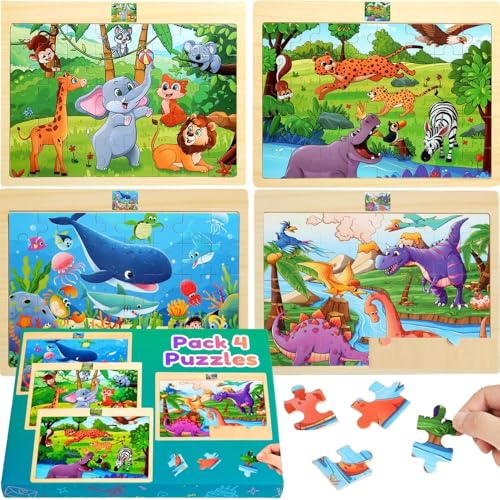 Confezione da 4 puzzle in legno per bambini 3 4 5 6 7 8 anni, divertenti animali terrestri, marini e dinosauri, 40 pezzi ogni puzzle, puzzle per bambini ed educativi (confezione da 4 puzzle in legno)