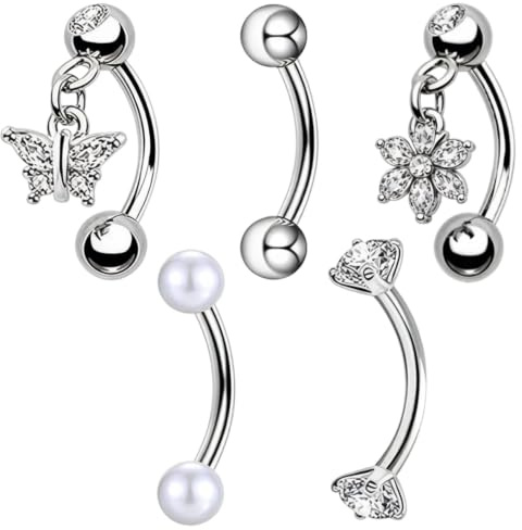 5 PCS Silver Daith Piercing Jewellery, Eyebrow Piercing Jewellery for Women | Curved Barbell Piercings, Multipurpose Ear Lip Nose Ring Accessories for Daily Casual Wear