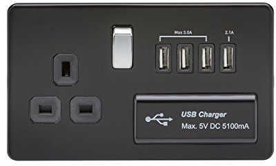Knightsbridge SFAV7USB4MB Screwless 1G 13A Switched Socket with Quad USB Charger 5V Dc 5.1A-Matt Black with Chrome Rocker