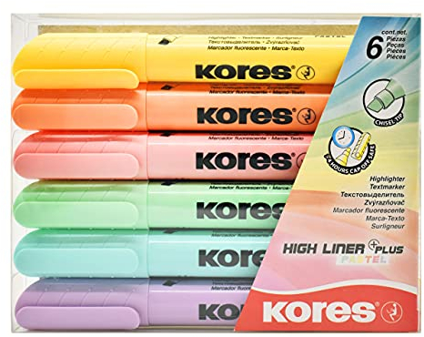 Kores - Pastel Highlighter Pens - High Liner Plus, Water Based-Ink Highlighter Pen Set with Ergonomic Shape - Stationery School Supplies, Office Supplies - Pack of 6 in Assorted Colours