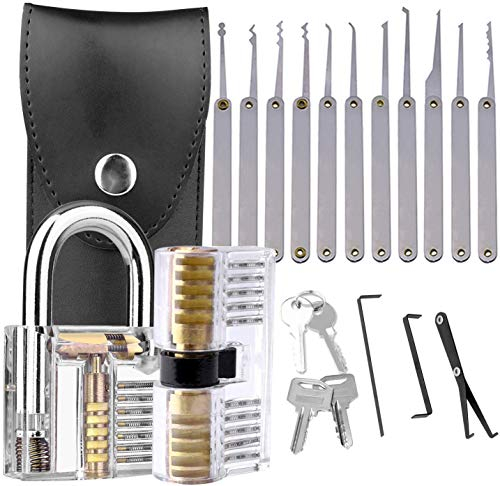 Loboo Idea Juego de 17 ganzúas de cerradura, kit de herramientas de selección de candados con 2 cerraduras transparentes de entrenamiento para cerrajeros principiantes y profesionales