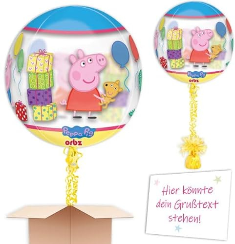 Peppa Heliumballon mit Heliumfüllung, Schmuckbänder, Ballongewicht, Karte u. Wunschtext als Kindergeburtstag Deko oder mit Wunschöffnungsdatum an Wunschadresse senden