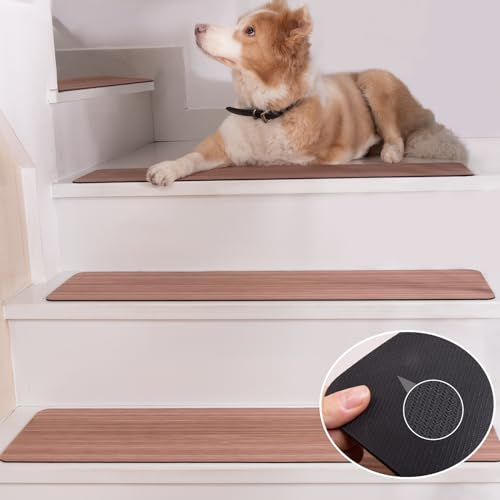 HOPEVIVA Goma antideslizante para alfombras, cinta antideslizante para escalones, tiras de moqueta color madera marrón, 76 x 20 cm, 15 unidades (incluye cinta adhesiva de doble cara)