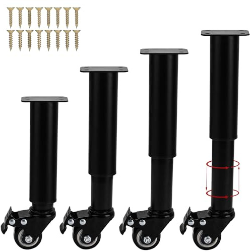 TCHOSUZ 7-10 Inch / 18-24cm Adjustable Metal Furniture Legs with Casters Wheels, Set of 4 Heavy Duty Bed Frame Center Slat Support Legs DIY Replacement Feet for DIY Cabinet Sofa Couch TVstand Black