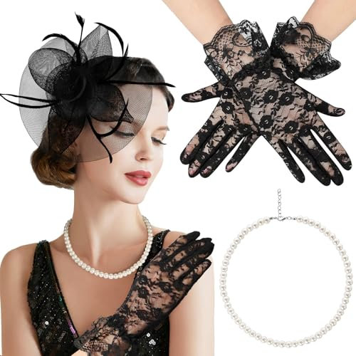 XEPST Fascinator Hut Damen 20er Jahre Accessoires Hut Pferderennen Tee Party Haarspangen Damen Klein Kopfschmuck Fascinator Perlenkette Handschuhe für Kostümparty, schwarz