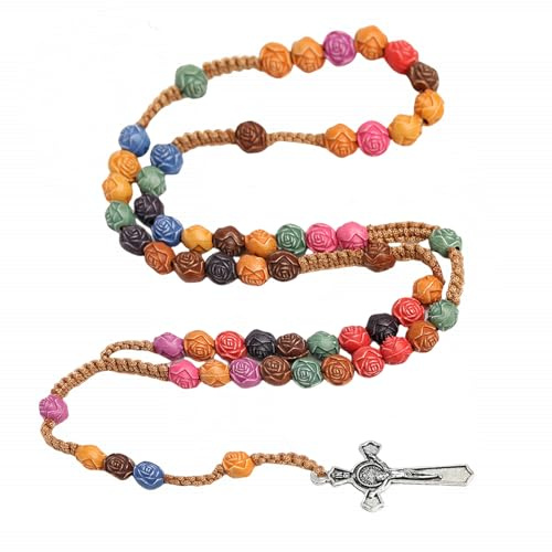 Kuesn Color Rosary Handmade Catholic Necklace Wood Christian Prayer Beads With Holy Soil Medal Cross for Women