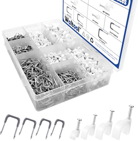 Waltool 800Pcs Insulated U Staple Nail and RG6 RG59 CAT6 RJ45 Ethernet Cable Clips Set, 0.56, 0.44”, 0.41”, 0.36 Metal Cable Staples, 4/6/8/10mm Wire Wall Clamp with Steel Nails for Electrical Wire