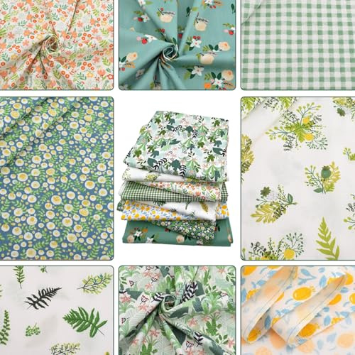 LetCart Tela de patchwork de costura, 8 piezas de flores de 50 x 50 cm, algodón impreso, juego de tela de algodón pequeña para manualidades, manualidades (verde)
