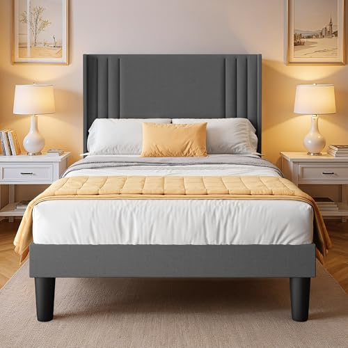 Blishom Letto imbottito 120 x 200 cm, con testiera e rete a doghe, robusto letto in tessuto per ragazzi e camere degli ospiti, struttura imbottita,Grigio scuro