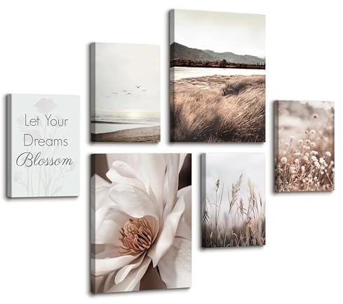 6 st trä inramad kanvas väggkonst set Pampas vilt gräs strand hav kanvastryck vit magnolia blomma målning beige bruna bilder för vardagsrum sovrum hall väggdekor 30 x 40 cm x 2 + 20 x 30 cm x 4