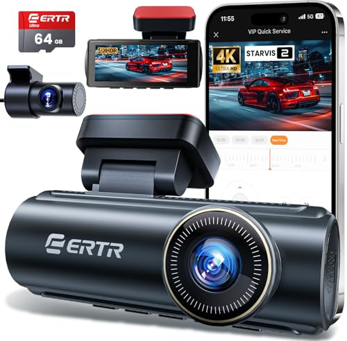 Cámara de Auto 4K Delantera y Trasera, Dashcam WiFi 5GHz con Tarjeta SD 64GB, Cámara de Auto Dual, Dash CAM Full HD con Control App, G-Sensor, WDR, USB, Grabación en Bucle Instalación Fácil