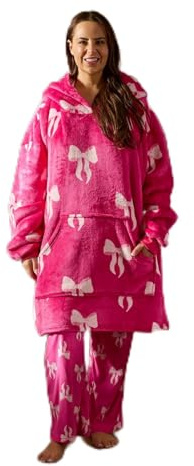 OHS Blanket Hoodie Bow Print, Mothers Day Gifts Super Soft Sherpa Fleece Warm Wearable Blanket Comfy Cosy Oversized Hoodie Women Sweatshirt Big Pocket for Adults Women Girls, Hot Pink