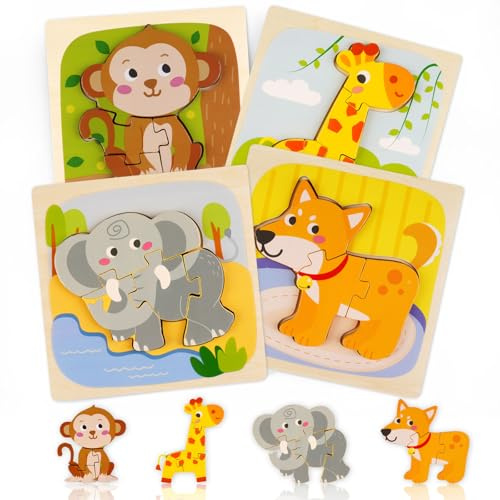 Deepton 4 Pcs Wooden Puzzles Animals for Baby Kids, Cute Animal Wooden Jigsaw Puzzles for 1-3 Year Old Boys Girls, Baby Preschool Learning Educational Toy for Birthday Gift