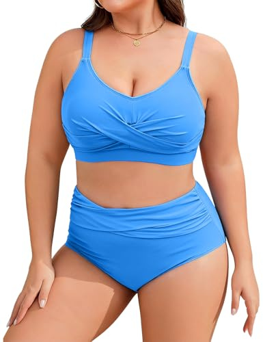 Tuopuda Costumi Donna Mare Due Pezzi Vita Alta Bikini Set Costume Contenitivo Pancia Estivo Swimsuit Beachwear per Mare Spiaggia Piscina Party Vacanza, B-Azzurro, 4XL