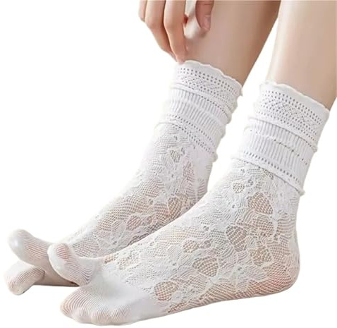 JMORCO Calcetines Tabi Calcetines de Verano con Puntera tabi for Mujer, sexys, Encaje, Dos Dedos, Transpirables, hasta Media Pantorrilla, Malla Fina, Abertura en la Parte Superior(White,1Pair)