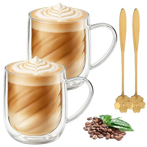 Bcuuozeeing Set di 2 bicchieri per latte macchiato a doppia parete, 401-500 ml, con manico e cucchiaio, tazza da caffè in vetro per latte, cappuccino, bustine di tè, bevande calde e fredde