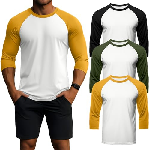 Geyoga 3 Pack Men's 3/4 Sleeve Shirts Crew Neck Baseball T Shirts Moisture Wicking Athletic Tops