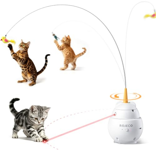 ROJECO Version Améliorée – Jouet Chat Interactif Laser Rotatif 360 & Canne Pêche 2en1, Rechargeable USB-C, 3 Modes, Ventouse Puissante, Arrêt Auto-Intelligent