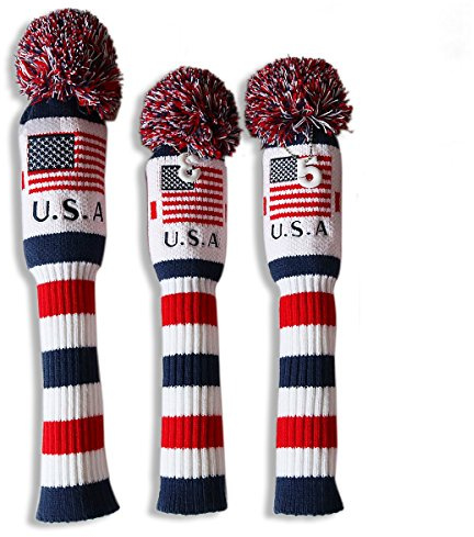 Craftsman Golf US Flag Knit Pom Pom White Blue Red Driver,Fairway Wood, Hybrid Head Cover Headcover for Callaway Mizuno Cobra Taylormade (3pcs (#1,3,5))