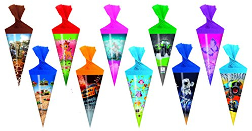 10x Deko Schultüte mit Motiv / Zuckertüte / Länge: 15cm / rund