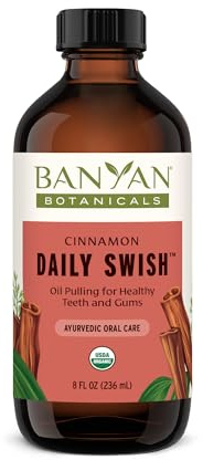 Banyan Botanicals Organic Cinnamon Daily Swish – Ayurvedic Oil Pulling Oil with Coconut & Sesame – Mouthwash for Gum Vitality & Fresh Breath – with Clove & Triphala – 8 oz – USDA Organic