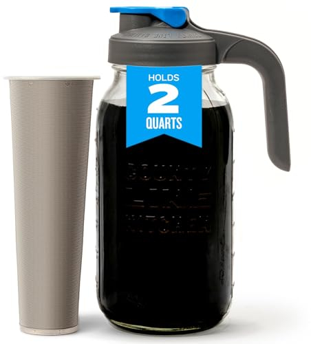 County Line Kitchen Cold Brew Coffee Maker, Mason Jar Pitcher - Heavy Duty Soda Lime Glass w/Stainless Steel Mesh Filter & Flip Cap Lid - Iced Tea & Coffee