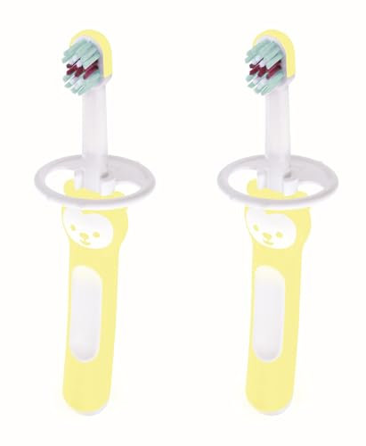 MAM Baby's Brush Set C121 - Set mit zwei Zahnbürsten mit kurzem und kompaktem Griff, mit Sicherheitsring, für Babys ab 6 Monaten, neutral, 2 Stück