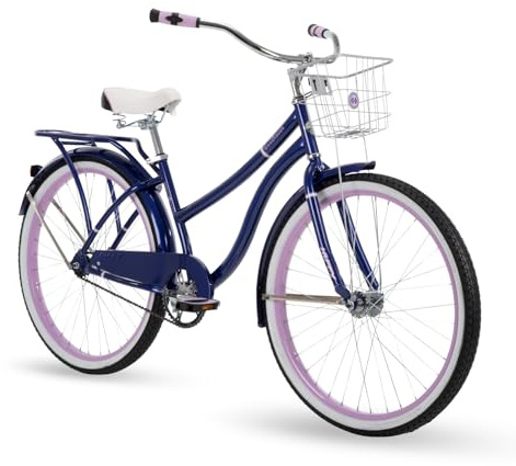 Huffy Woodhaven 26 Cruiser Bike, Midnight Purple Frame, Dual-Density Padded Seat, Chainguard Cover, Rear Rack, Front Basket, Easy Height Adjustment