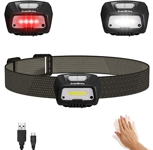 EverBrite Stirnlampe LED wiederaufladbar, IP44 350 Lumen Schwarz Kopflampe mit Rotlicht, 4 Modi und Bewegungssensor, 78g leichte Stirnlampe für Joggen, Wandern, Camping [inkl. Micro USB Kabel]