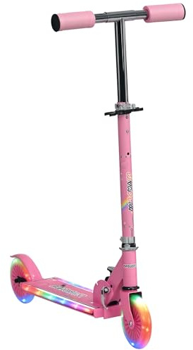 HOMCOM Trottinette pour Enfants 3-7 Ans, Roues légères Pliantes en PU, 12 LED, Musique, Hauteur du Guidon réglable sur 4 Niveaux, Frein à Friction, Rose