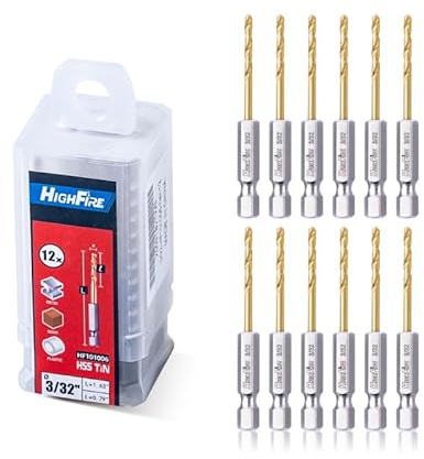 HIGHFIRE 3/32 Inch Twist Hex Shank Drill Bits, HSS Sharp Impact Driver Drill Bits for Steel, Copper and Aluminum Alloy (Pack of 12 Identical Pcs)
