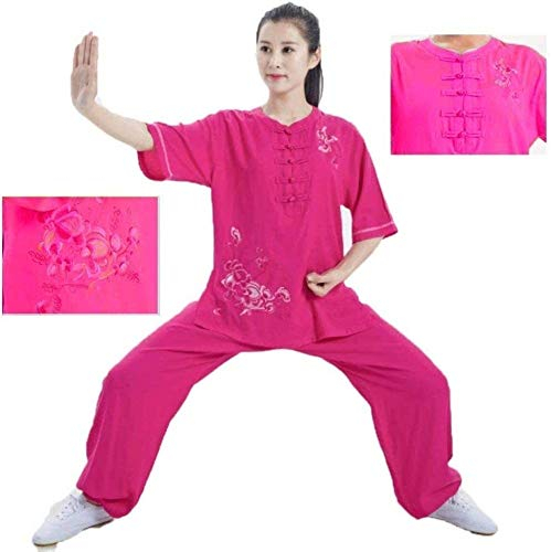 Set di Uniformi per Tai Chi per Quattro Stagioni, Completo per Arti Marziali, Abbigliamento per Tai Chi Femminile, Abiti Estivi in ​​Lino a Maniche Corte Ricamati, Abiti per Arti Marziali, Completo