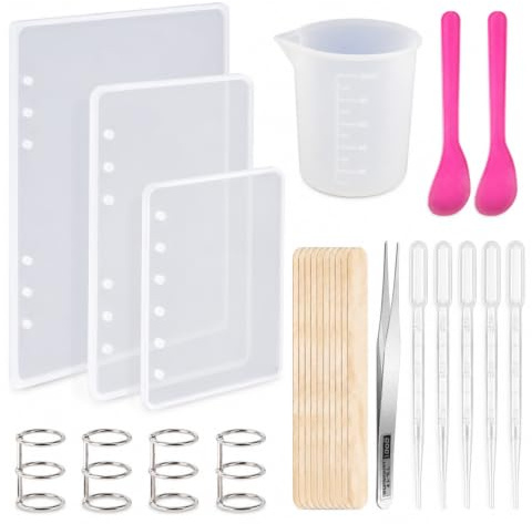 Kit De Moldes de Resina para Cuadernos de 26 Piezas, Moldes de Silicona Para Cubiertas de Cuadernos de Tamaño A5 A6 A7, Moldes de Resina Epoxi para Manualidades DIY de Cuadernos Con Anillos Incluidos.