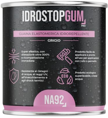 IDROSTOPGUM Impermeabilizzante Elastomerico Sigillante Gomma Liquida Elastica Protettiva Isolante Professionale NA92 PRO (Grigio, 1 LT, 1, IDROSTOPGUM)