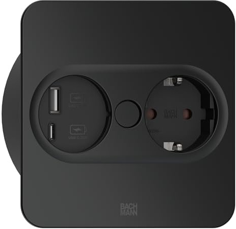 BACHMANN Inbyggt uttag TWIST 2 fyrkantig 1 x uttag med USB A och USB C 2 m kabel bordsuttag för kök och kontor svart 946.105 (med automatisk öppning och fingeravtrycksbeläggning)