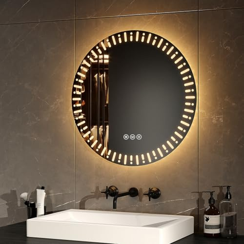 EMKE Rund badrumsspegel, LED-bakgrundsbelyst, diameter 50 cm, med imfri + touchströmbrytare + 3 variabla ljusfärger, modern dekorativ rund spegel, badrumsspegel