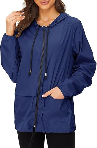 Zando Women's Lightweight Packable Rain Jacket Waterproof Hooded Windbreaker Foldable Outdoor Raincoat with Pockets for Hiking Cycling, Navy Blue, 2XL