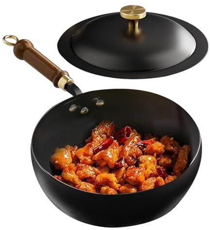 Passole Non Stick – Köksgrytor med lock | Järngrytor med trähandtag | Kinesisk Wok Non-Stick Grädde | Enkel Ren Ugnssäker Kökstillbehör För Hemmet, Lägenhet