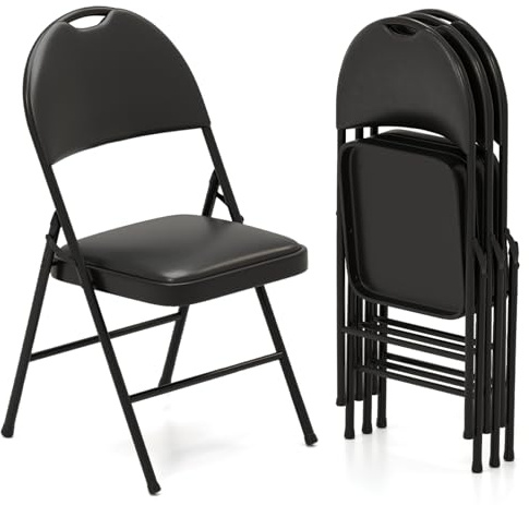COSTWAY Set med 4 fällstolar, fällbar trädgårdsstol, campingstol, konstläder med metallram, matrumsstolar, vadderad upp till 150 kg, fällstol för gäster, matsal, camping, konferens, svart