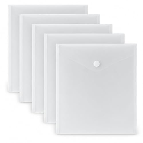 A5 Clear Popper Document Wallets with Snap Closure, 5 Pack | Transparent A5 plastic wallets with secure popper closures for storing documents at home, school or office.