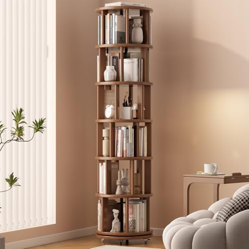 YQJJGL Étagère à Livres rotative à 6 Niveaux, bibliothèque tournante 360°, Meuble à Livres Autonome pour Enfants, étagères d'angle pivotantes pour Bureau, Salon et Chambre, Noyer